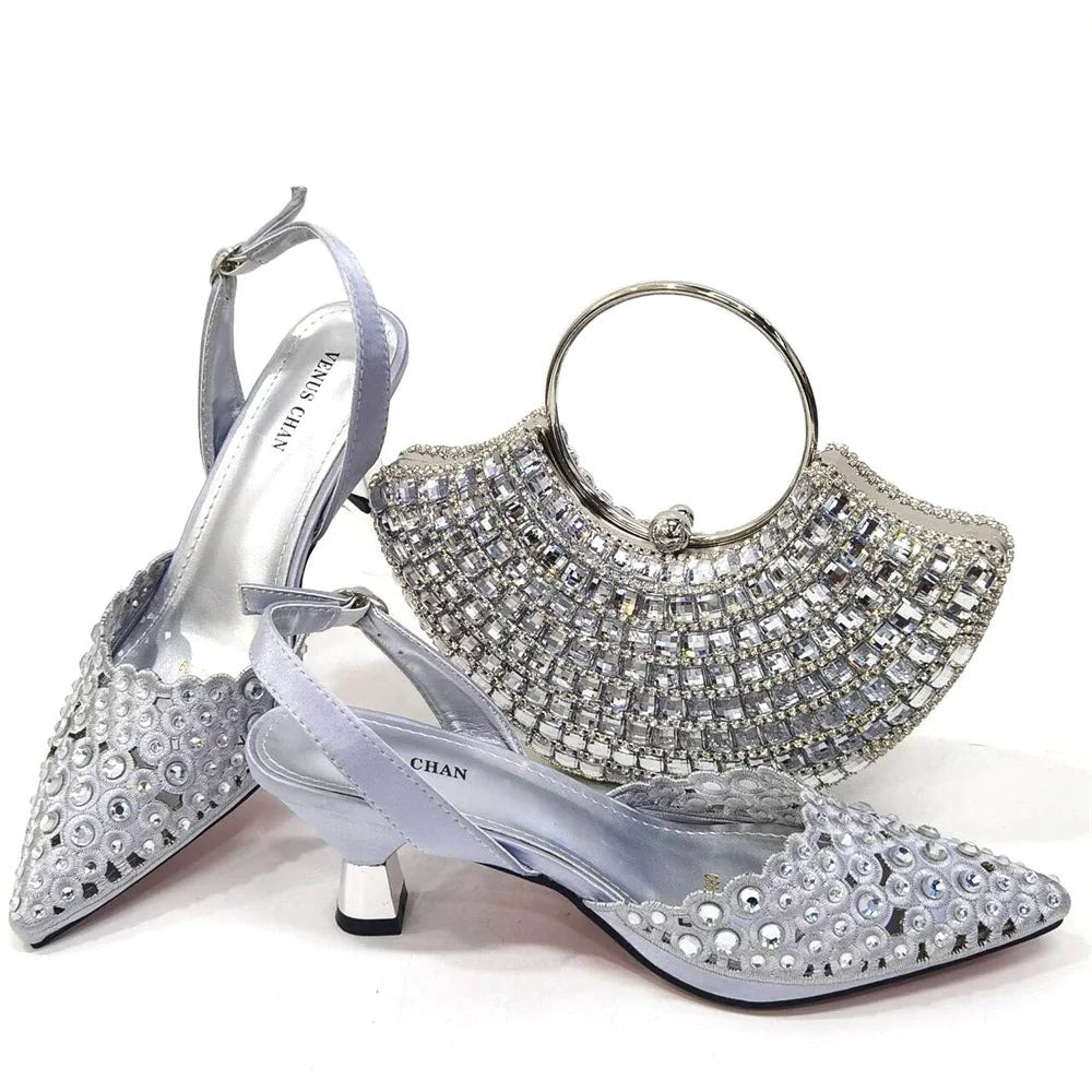 Elegant Party Shoes & Bag Set with Rhinestone Detailing