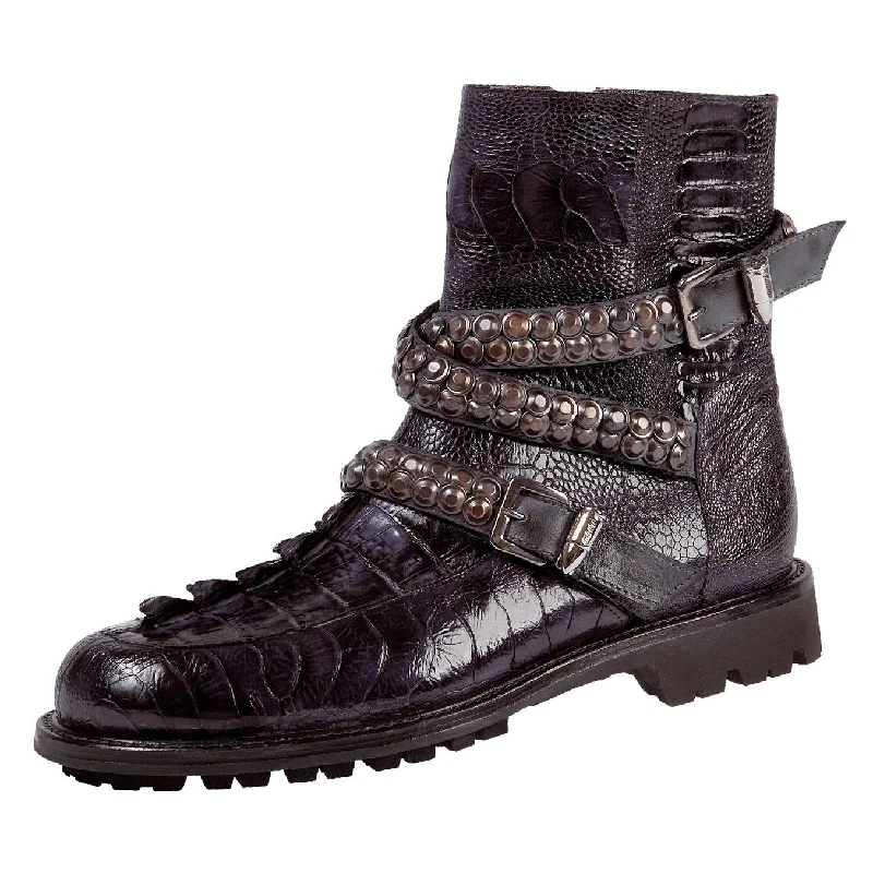 Mauri 2434 Echo Charcoal Grey Genuine Ostrich Leg/Hornback Crocodile Tail/Calf Hand Painted Leather Boots