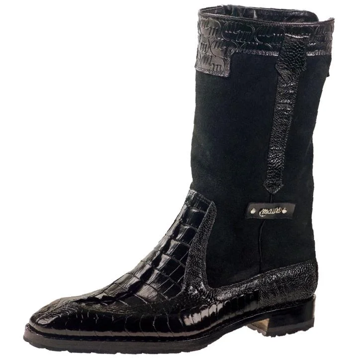 Mauri Masculine 2842 Black Genuine Ostrich Leg/Shearling/Embossed Nappa/Hornback Crocodile Tail Boots