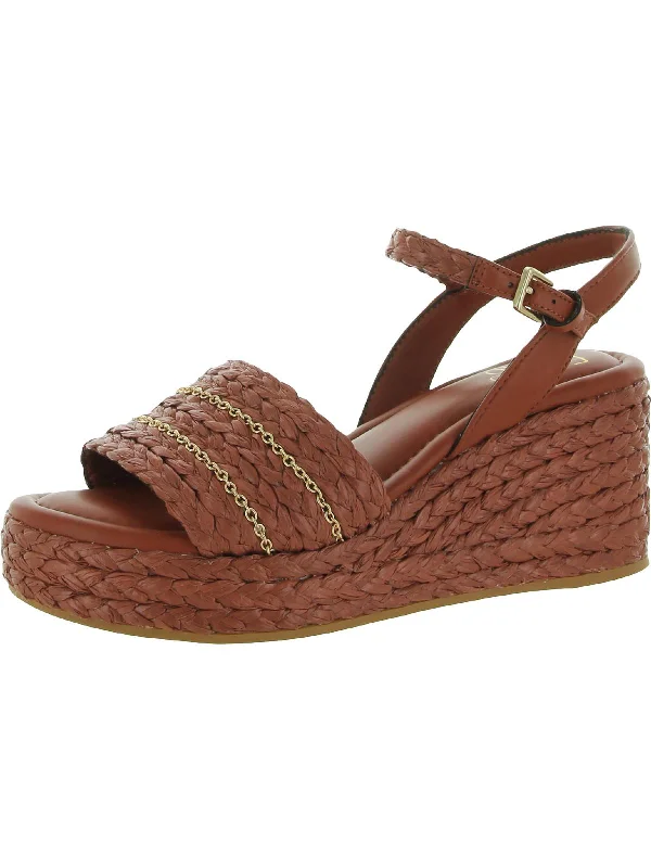 Peachy Womens Raffia Faux Leather Wedge Sandals