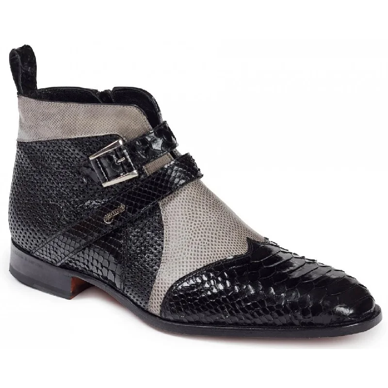 Mauri Bellini 4828 Black/Grey/Black Genuine Python/Karung Lizard/Ostrich Perforated Monk Strap Boots