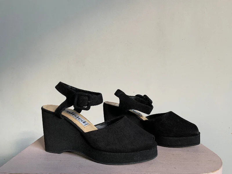 90s Black Leather Peep Toe Wedge Shoes