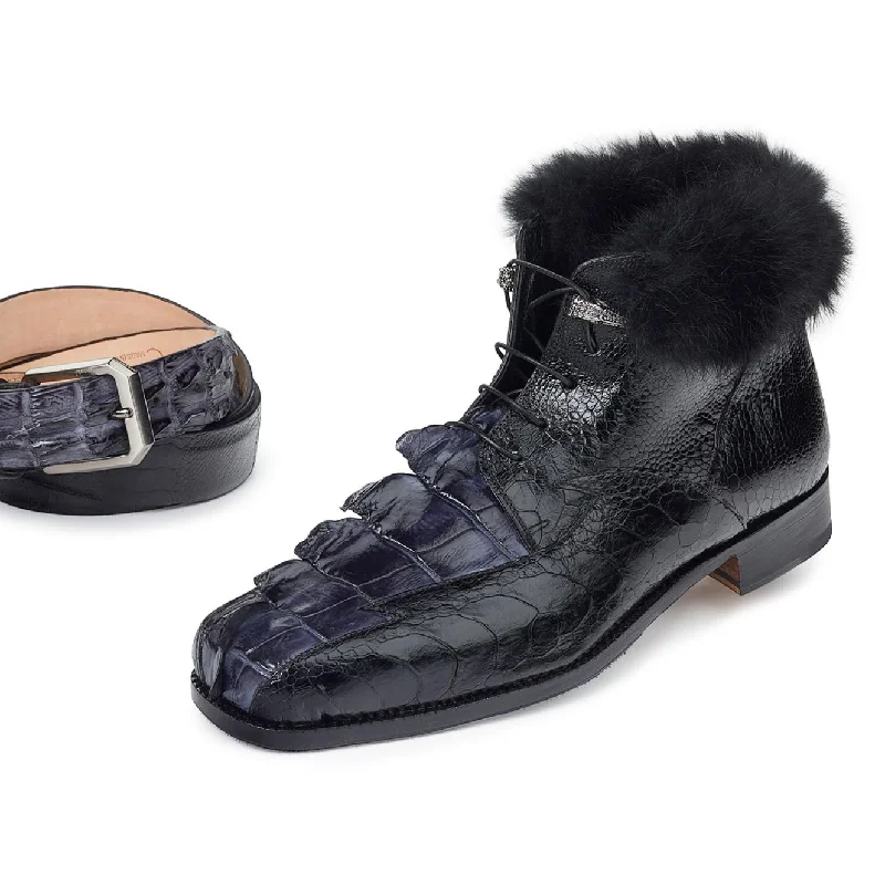 Mauri Polar 4683 Medium Grey Genuine Hornback Alligator Hand-Painted/Black Ostrich Leg/Black Lapin Boots