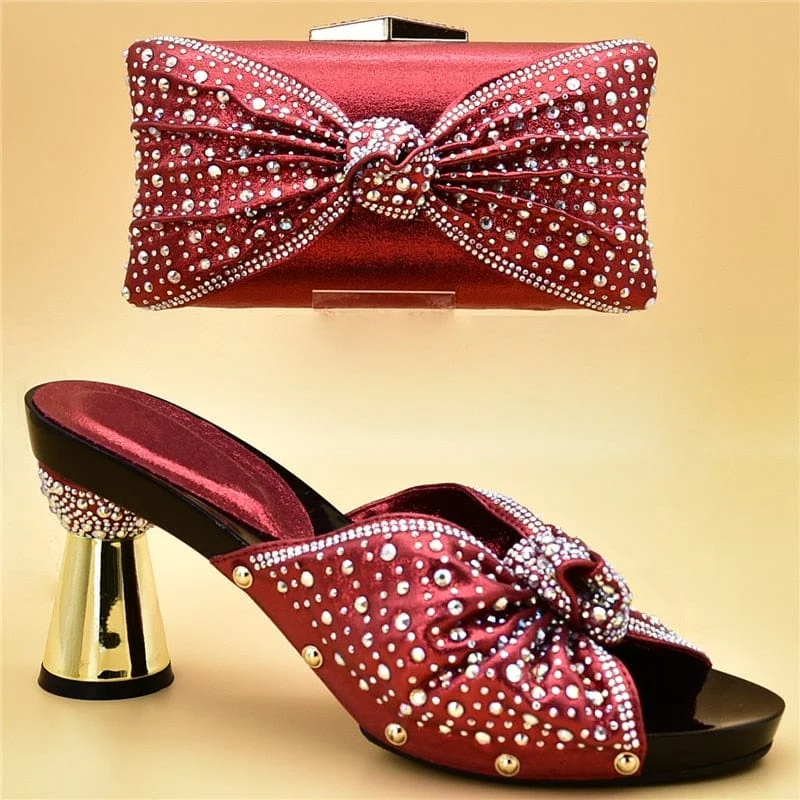 Luxury Italian Shoes and Bag Set for Party Decorated with Rhinestones