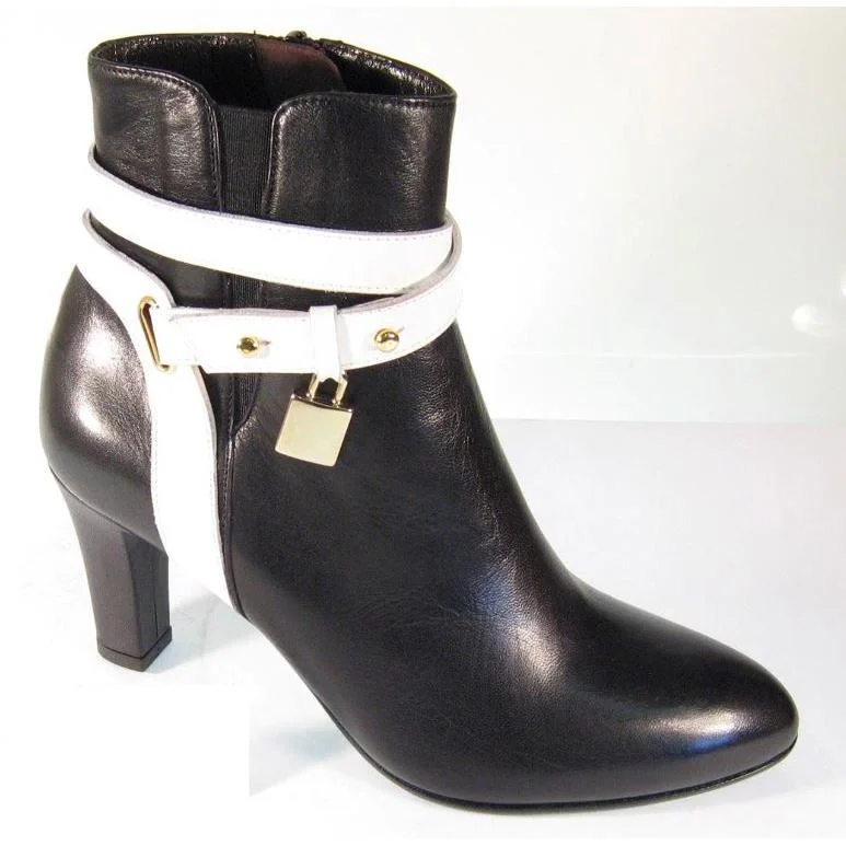 Mauri Ladies Black/White Genuine Leather Gold Lock Dress Boots